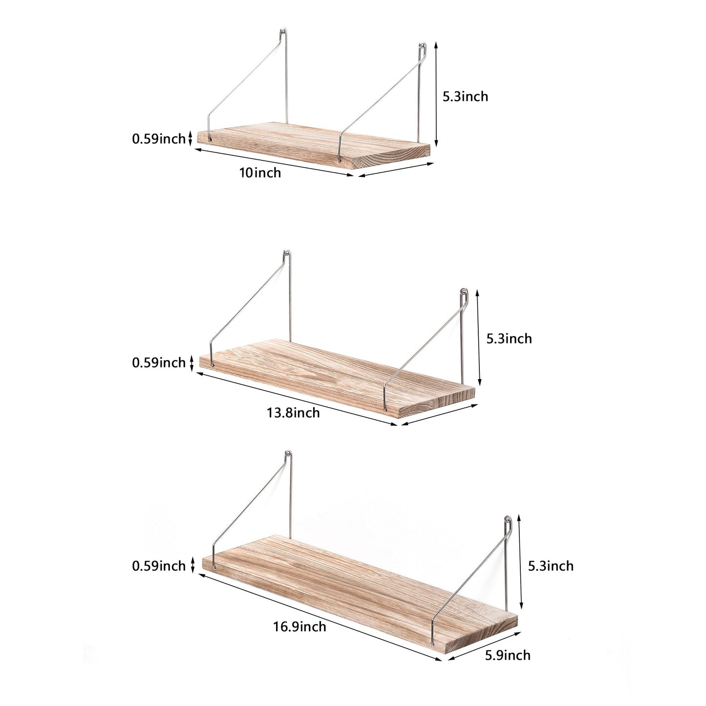 MITIME Floating Shelves Set of 3 Rustic Solid Wood Floating Shelf Wall Storage Shelves for Living Room, Bedroom, Bathroom, Kitchen Laundry, Office,no Drill Shelf (Light Color L+M+S)