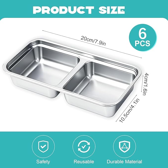 BSTUR Stainless Steel Snack Containers, 6-Pack Reusable Grab and Go Containers with Leakproof Lids, Dual Compartment Bento Box for Travel, Camping & Lunch Prep