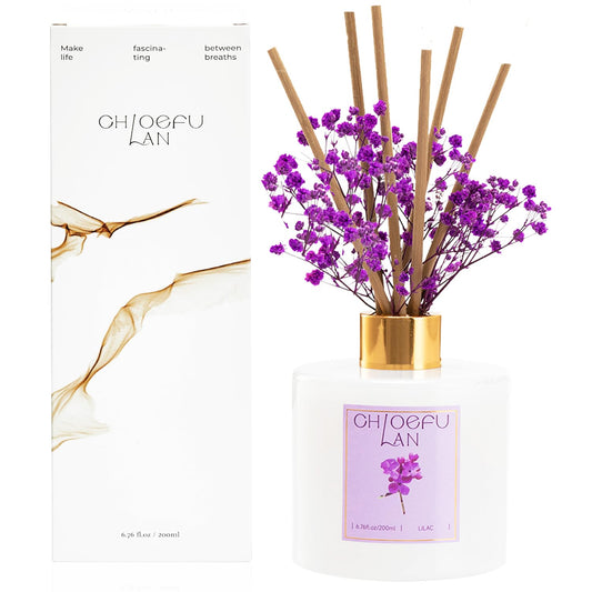 Chloefu Lan Lilac Diffuser, 6.7 oz Natural Essential Scented Oil with Diffuser Sticks, Best for Bathroom Decor, Living Room Decor, Home & Office Decor, Aromatherapy Diffuser Oil Gift Set
