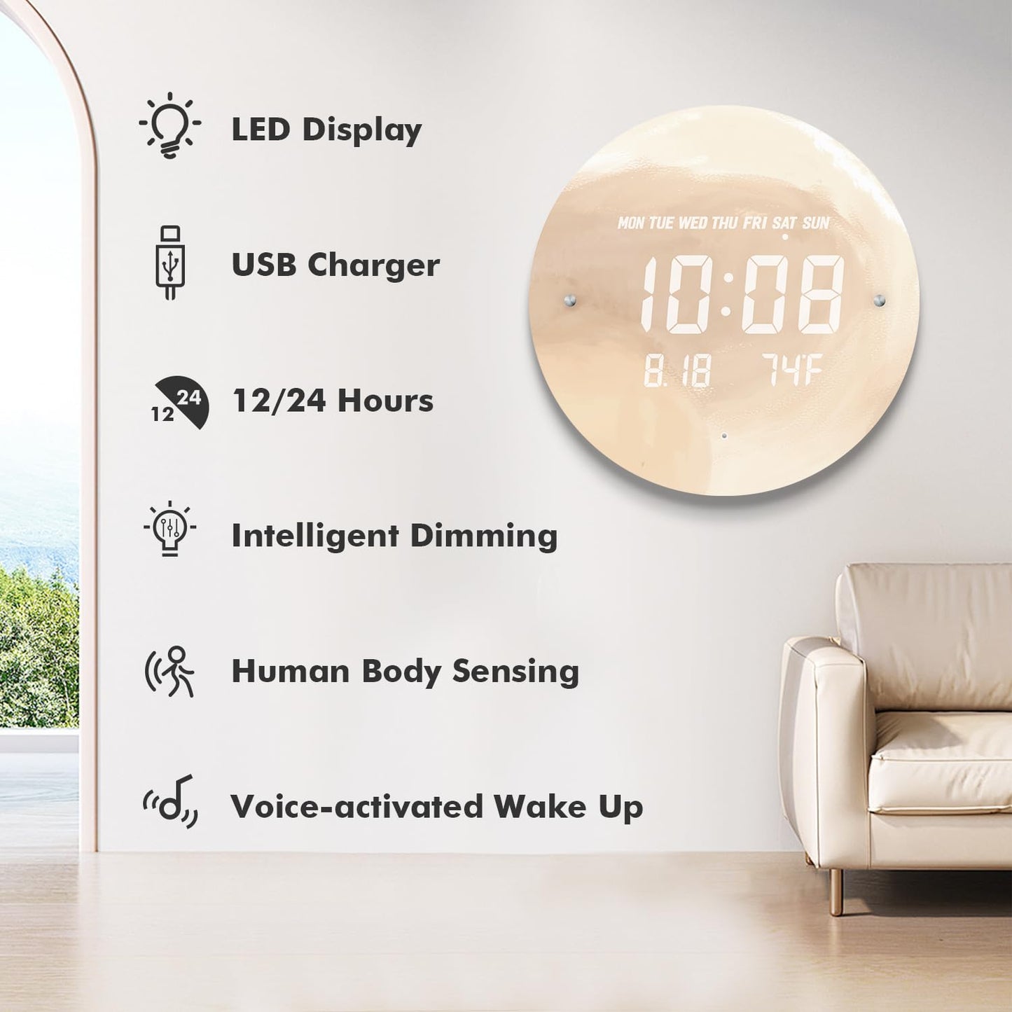 SCOAGE Digital Moon Wall Clock with Temperature/Time/Date, 12'' Modern Led Wall Clock Battery Operated, Smart Dimming, Large Display Decorative for Bedroom/Office/Kitchen