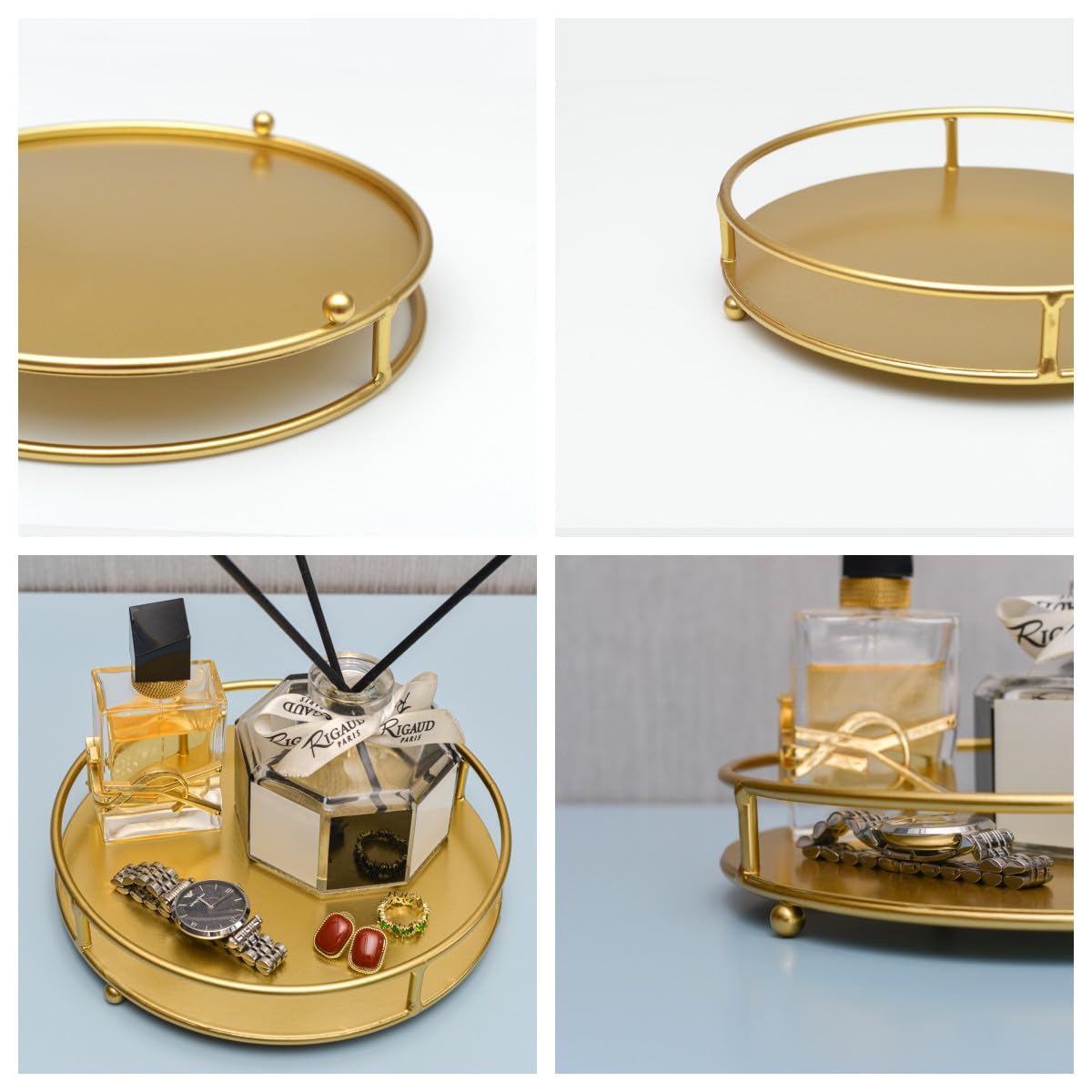 Jewelry Tray Perfume Display Organizer Bathroom Storage Vanity Tray Tabletop Display for Cosmetic, Candle, Jewelries, 8" Round Gold, Small