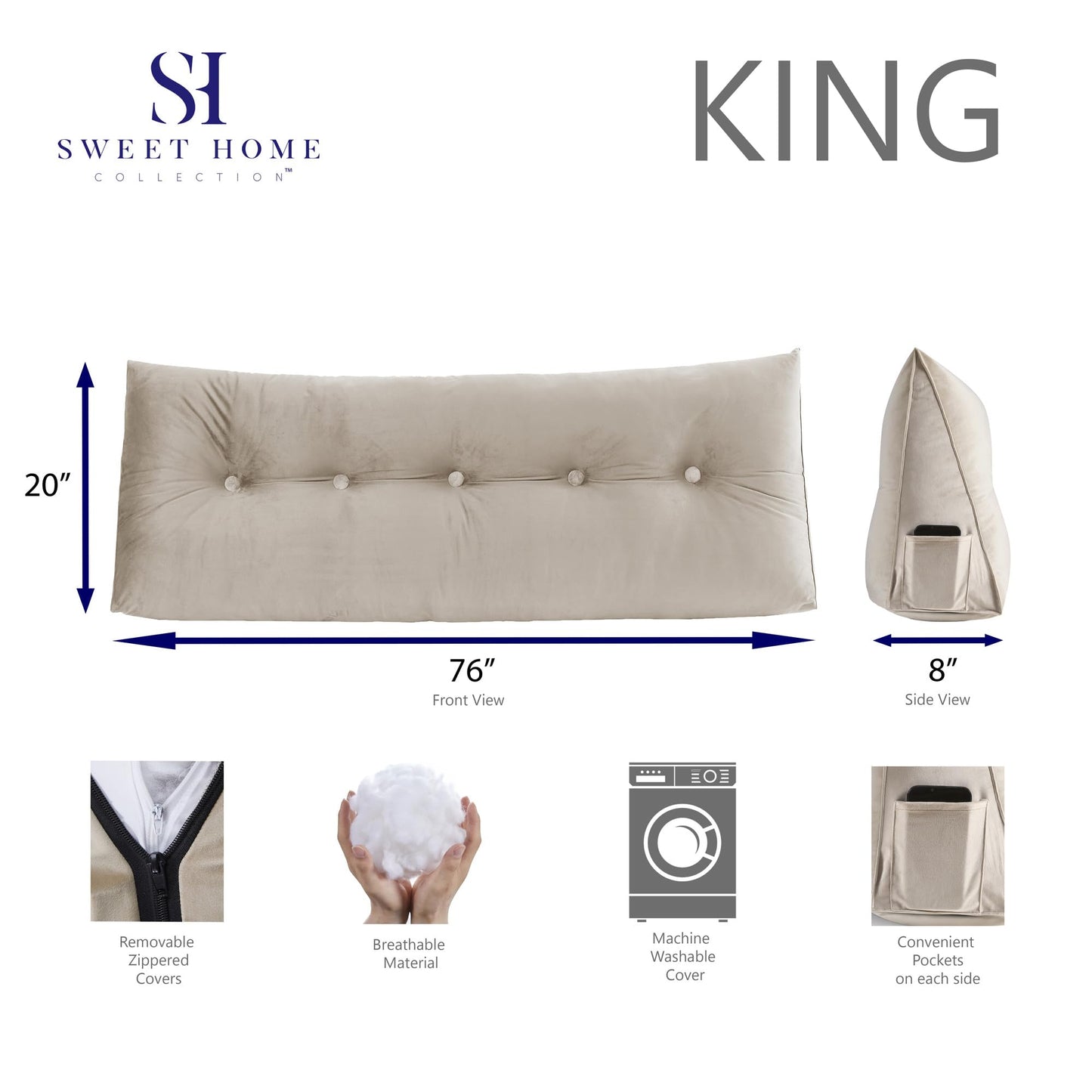 Headboard Pillow King - Bed Wedge Pillow for Headboard - Large & Versatile Triangle Cushion Reading Support Pillow, King - 76", Beige/Cream