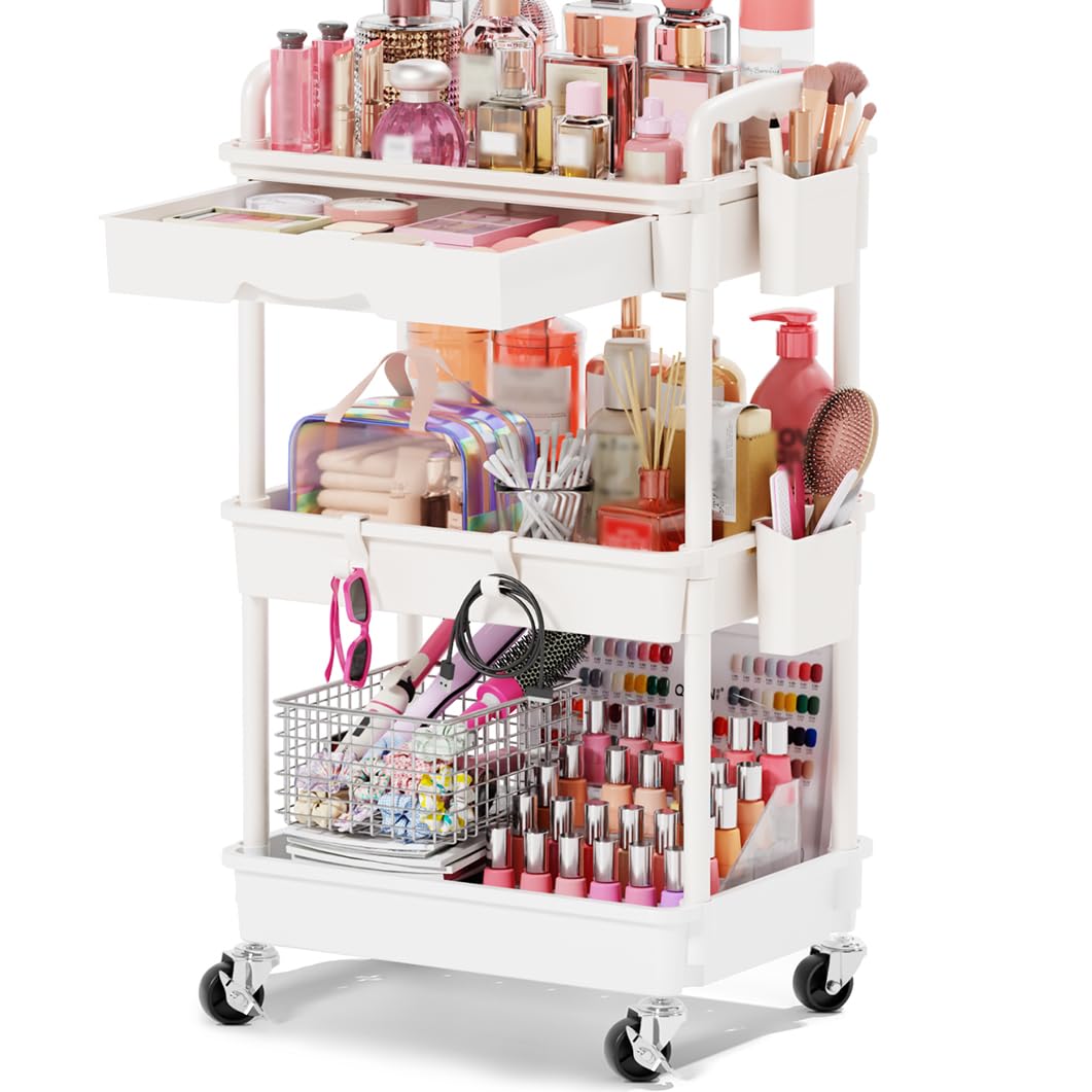 Goovilla Rolling Makeup Organizer Cart with Removable Drawer, 3 Tier Stable White Floor Skincare Storage Cart for Vanity, Cosmetic Display, Nail Polish, Perfume, Hair Stuff, Beauty, Bathroom(Plastic)
