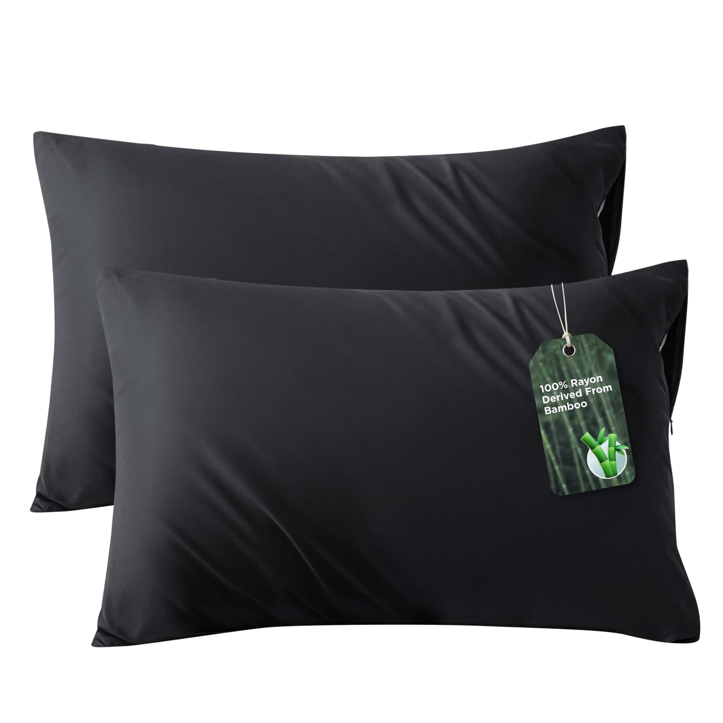 Bedsure Zipper Pillow Cases Standard Size, Cooling Pillow Cases Set of 2, Rayon Derived from Bamboo Cooling Pillowcase for Hot Sleepers, Soft & PureWoven Pillow Covers, Gifts, Black, 20x26 Inches