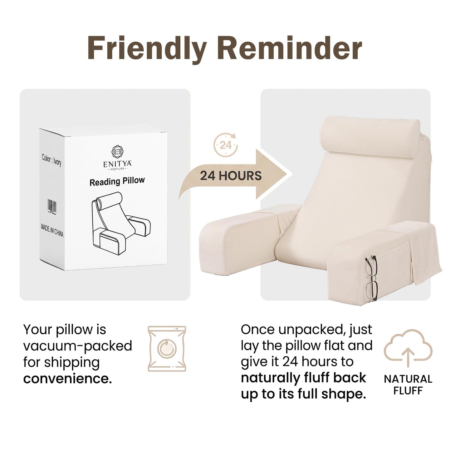 ENITYA 19" Back Pillow for Bed Sitting up, Big Pockets and Washable Removable Cover, Reading Chair for Watching TV/Reading/Gaming/Resting in Bed, Couch or Floor, Medium(Ivory)