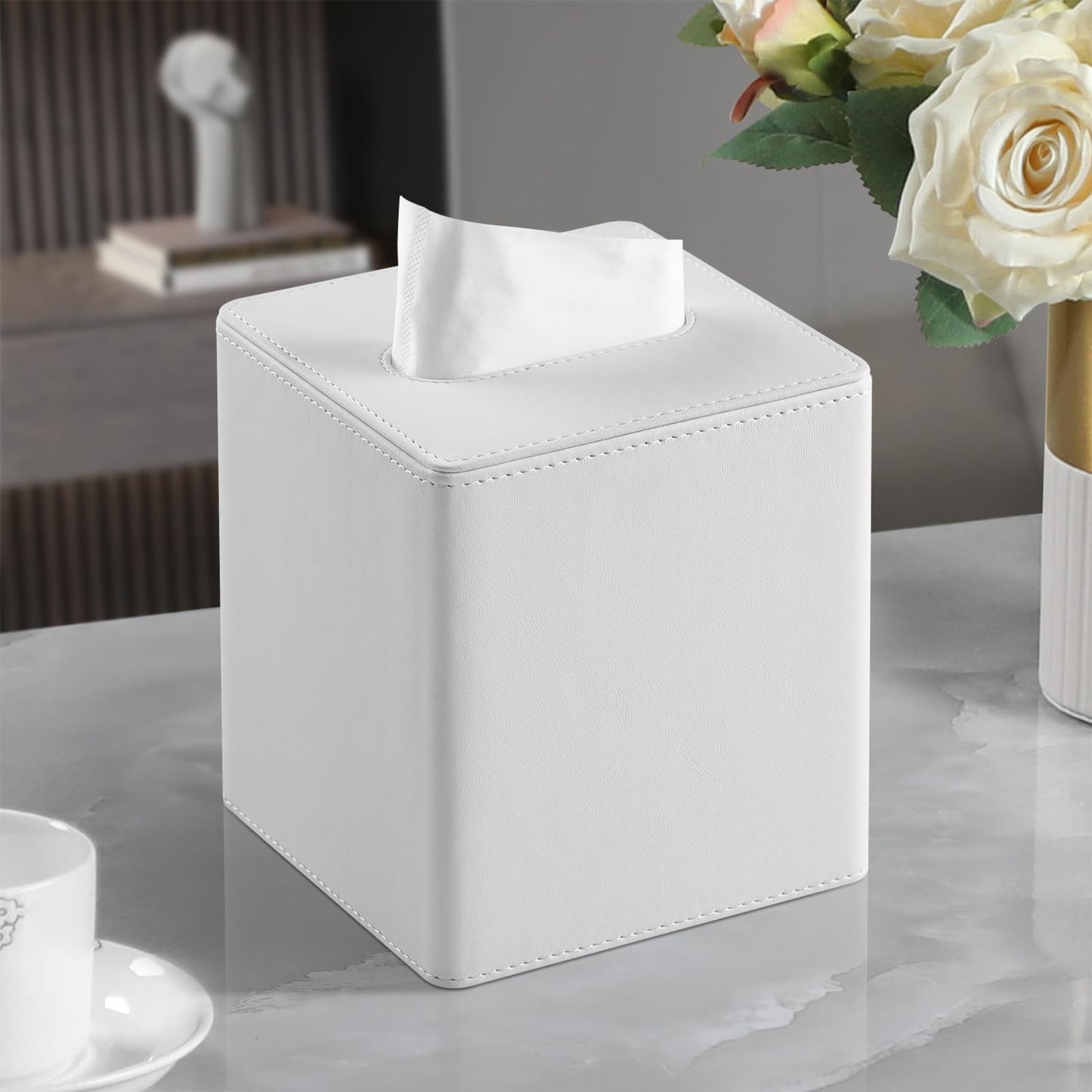 MEIBOOCH PU Leather Tissue Box Cover Square Tissue Box Holder with Magnetic Closure (Cream-White)