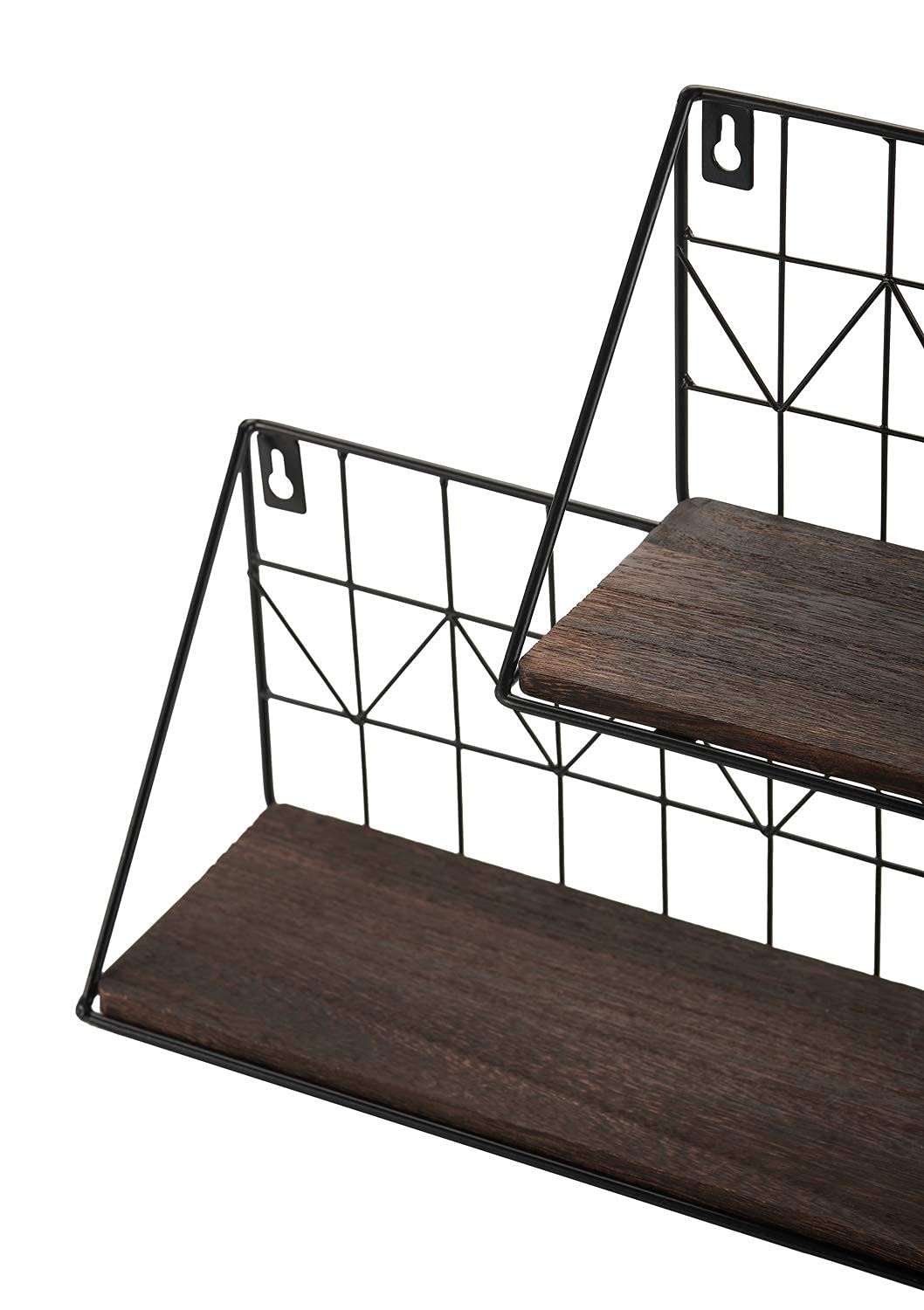 Mkono Floating Shelves Wall Mounted Set of 2 Rustic Wood Storage Display Shelf with Metal Wire Basket 11.4 Inches, Hanging Shelf for Bedroom Bathroom Living Room Kitchen Office, Brown,Small
