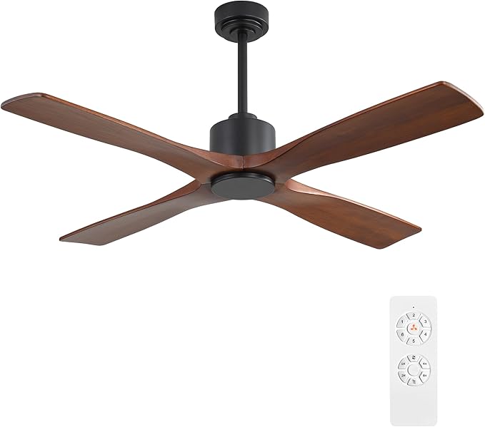 WINGBO 54 Inch DC Ceiling Fan without Lights, 4 Carved Solid Wood Blades, 6-Speed Noiseless Reversible DC Motor, Modern Ceiling Fan No Light with Remote, Black Finish with Walnut Blades, ETL Listed