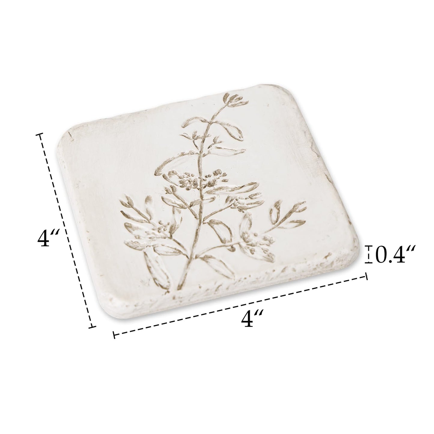 HOME PALETTE Botanical Coasters for Drinks Set of 4, 4.02 Inch Square Resin with Cork Base, Plant Floral Design, Absorbent Coasters for Bar Desk Coffee Table, White