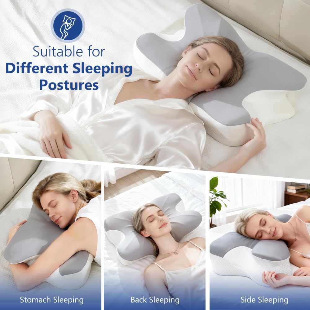 BNXIANG Cervical Neck Pillow for Neck Pain Relief & Sleeping, Ergonomic Contour Neck Support Pillow, Memory Foam Orthopedic Pillow for Side, Back, Stomach Sleepers