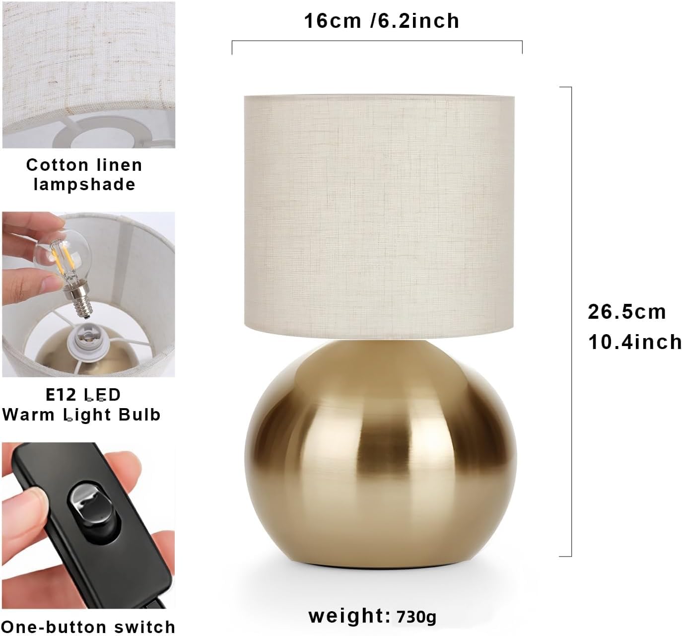 LHYueTong Modern Small Table Lamp Set of 2, Minimalist Nightstand Bedside Lamps with One-Button Inline Switch, H 10.4 Inch Desk Light for Bedroom, Living Room,Including Light Bulb（Golden）
