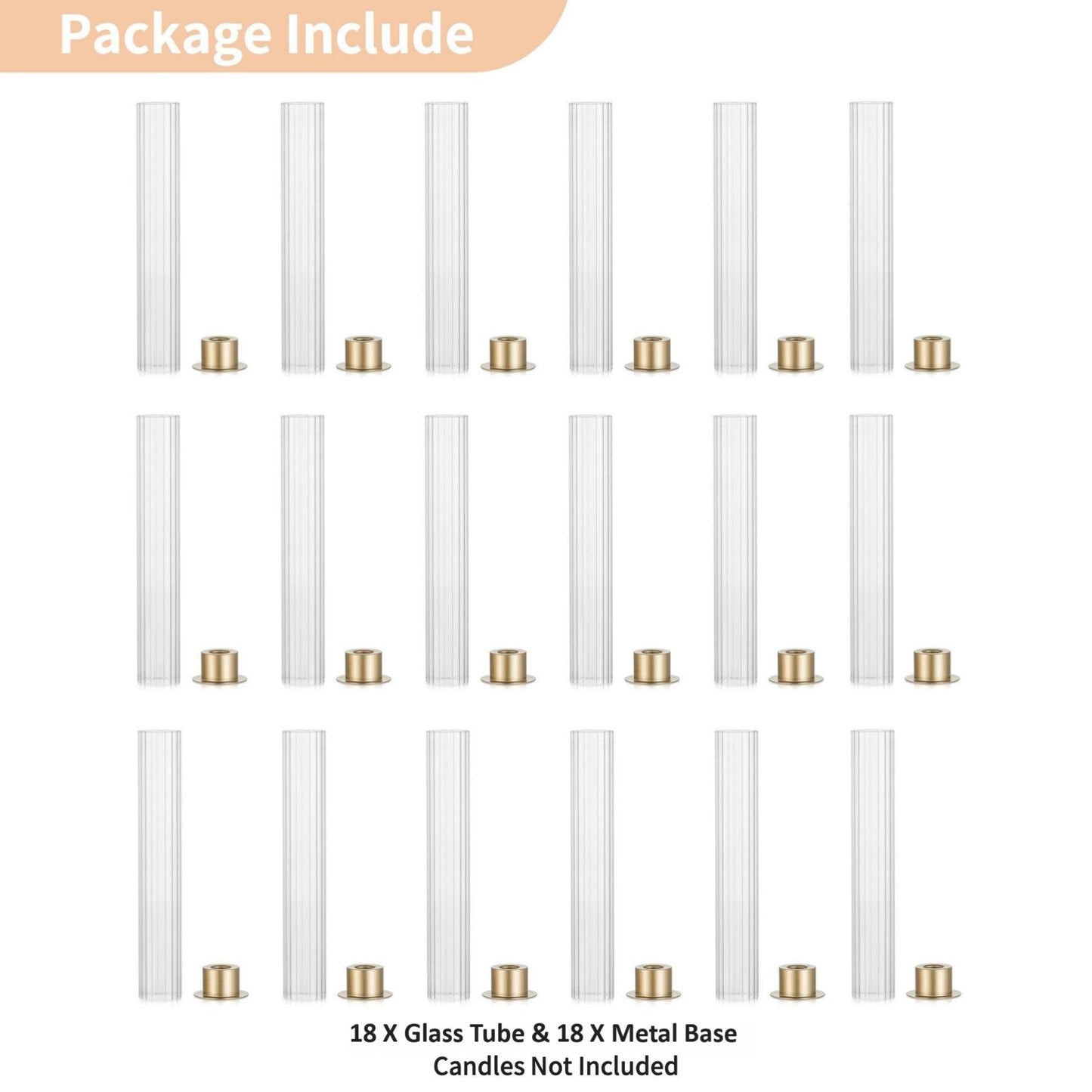 NUPTIO Hurricane Glass Candle Holders: Set of 18 Gold Taper Holders Bulk with Fluted Sleeves - Brass Candlestick Holders for Table Centerpiece Decoration