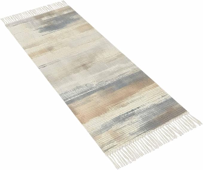 Beige Gray Brown Runner Rug 2X4 Ft Entryway Outdoor Indoor Mat, Washable Woven Abstract Ombre Art Throw Carpet with Tassel, Non-Shedding Vintage Minimalist Gradient Aesthetic Hallway Bath Mats