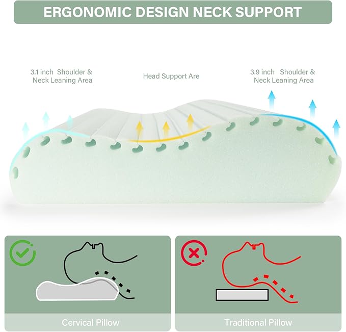 2 Pack Cervical Neck Pillow for Neck Pain Relief, Contour Memory Foam Pillows, Cooling Ergonomic Pillows for Sleeping Side, Back & Stomach Sleepers, Breathable Bed Pillows Neck Support, Extra Soft