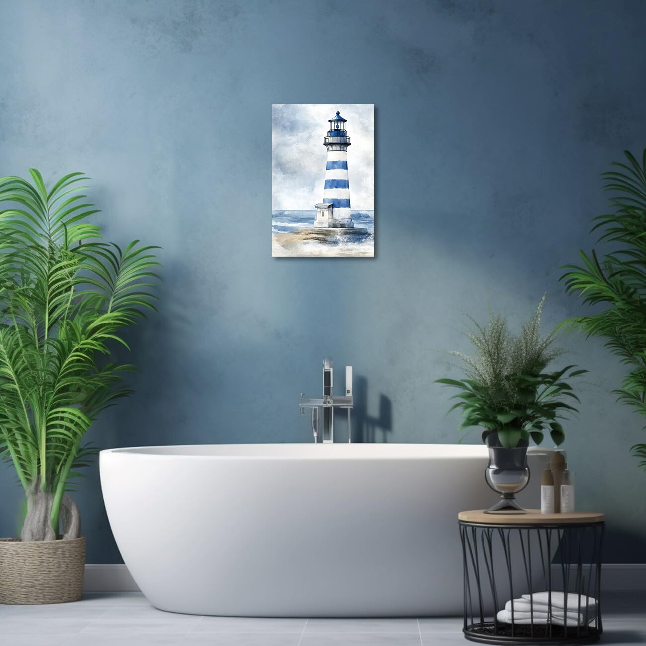 AWPANERAR Lighthouse Pictures Wall Art Nautical Bathroom Canvas Print Lighthouse and Cabin Painting Coastal Seascape Artwork Beach Poster Home Decor Framed (Blue, (18L x 12W))