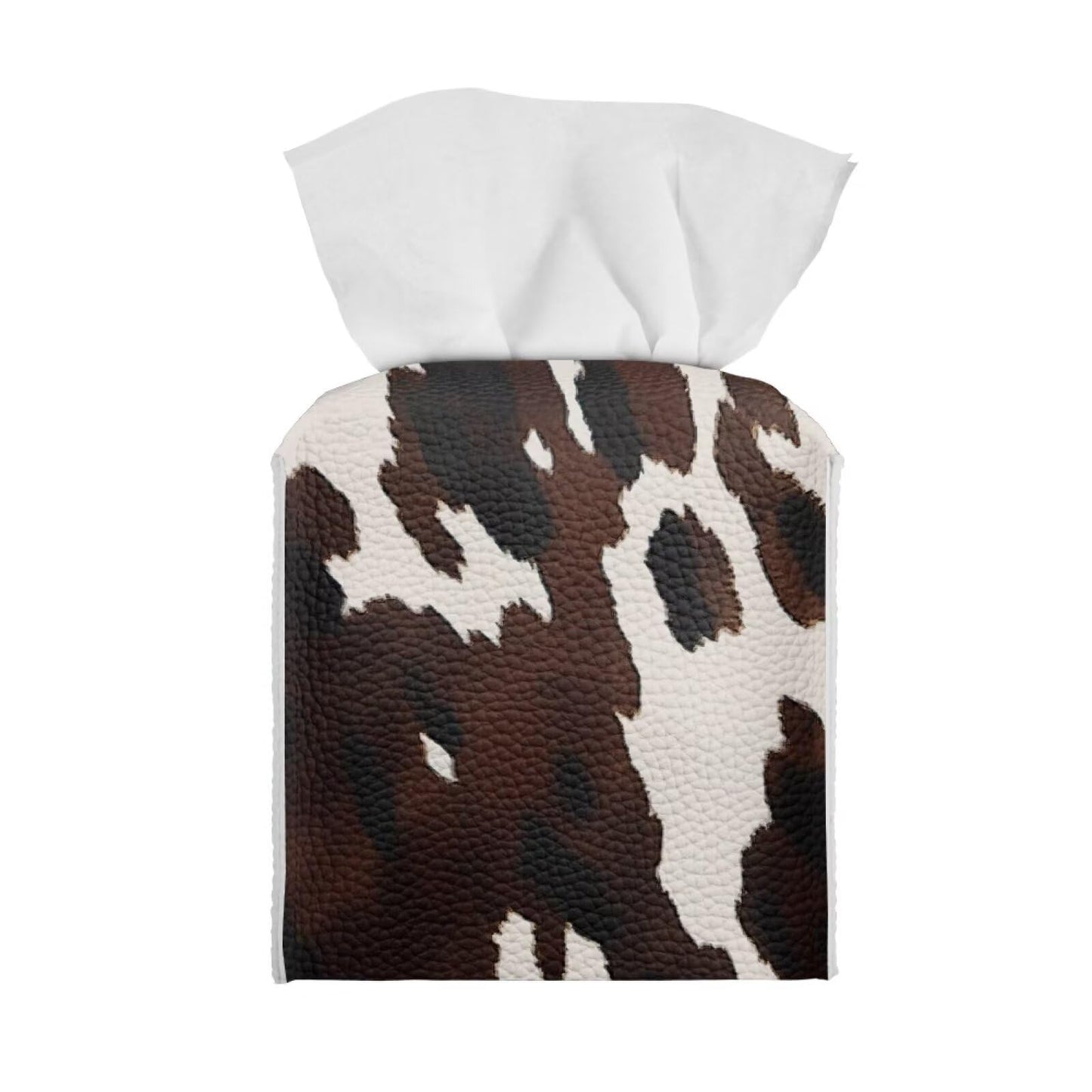 Pzuqiu Cowhide Print Tissue Box Cover Modern Square Tissue Box Organizer Decorative PU Leather Facial Paper Holder for Bathroom Vanity Countertop Bedroom Dresser Office Desk