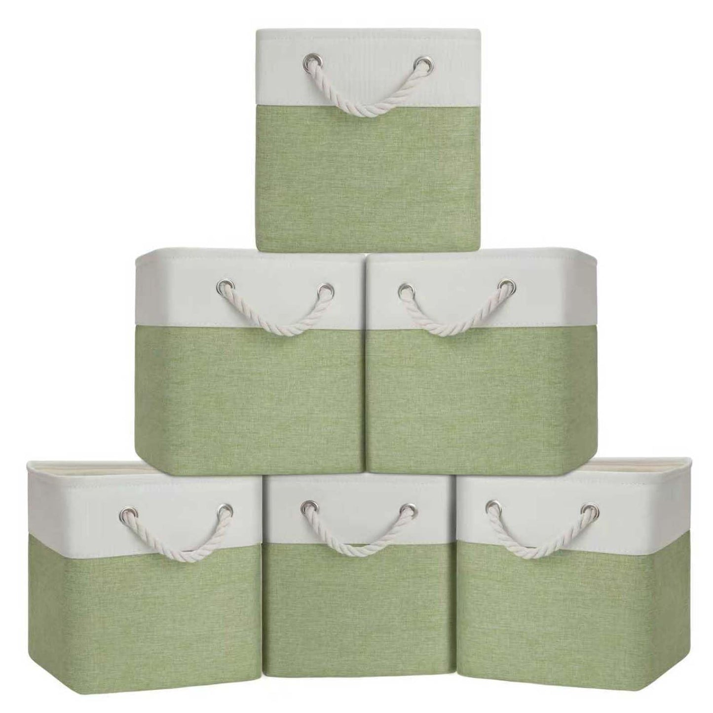 BOFUGA Cube Storage Bins, Collapsible Fabric Storage Cubes Bins, 11 Inch Cube Storage Bins with Handles, Foldable Storage Cubes (White/Green, 6Pack)