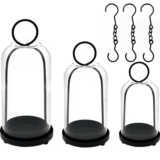 3 Pack Metal Candle Holders with Glass Dome, 5.5" & 4.7" & 3.9" Wide Black Candlestick Holders Set, Versatile Hurricane Lanterns Candleholders for Pillar Candle, Decorative Glass Display Dome Stands