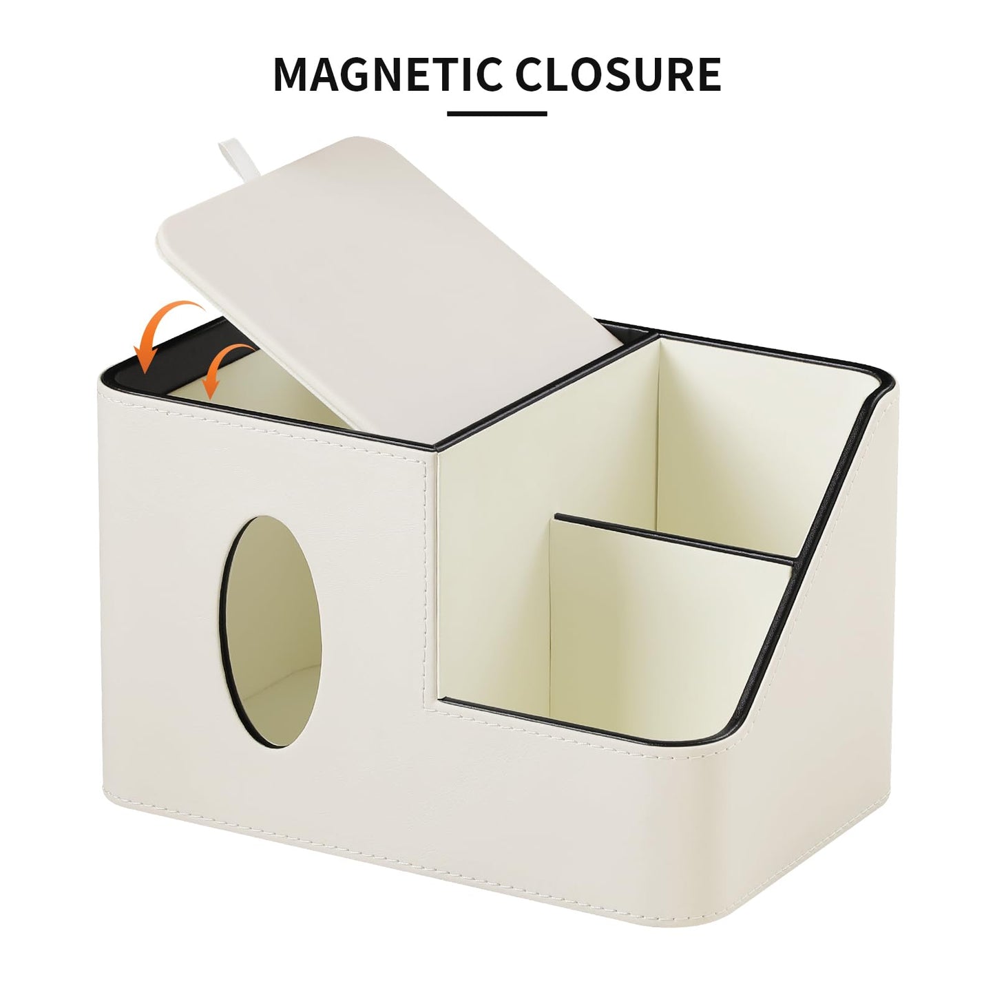 PU Leather Square Tissue Box Cover with Magnetic Closure, Tissue Holder with Storage Tray & Remote Control Organizer, for Nightstand, Living Room, Bathroom, Office Desk (White)