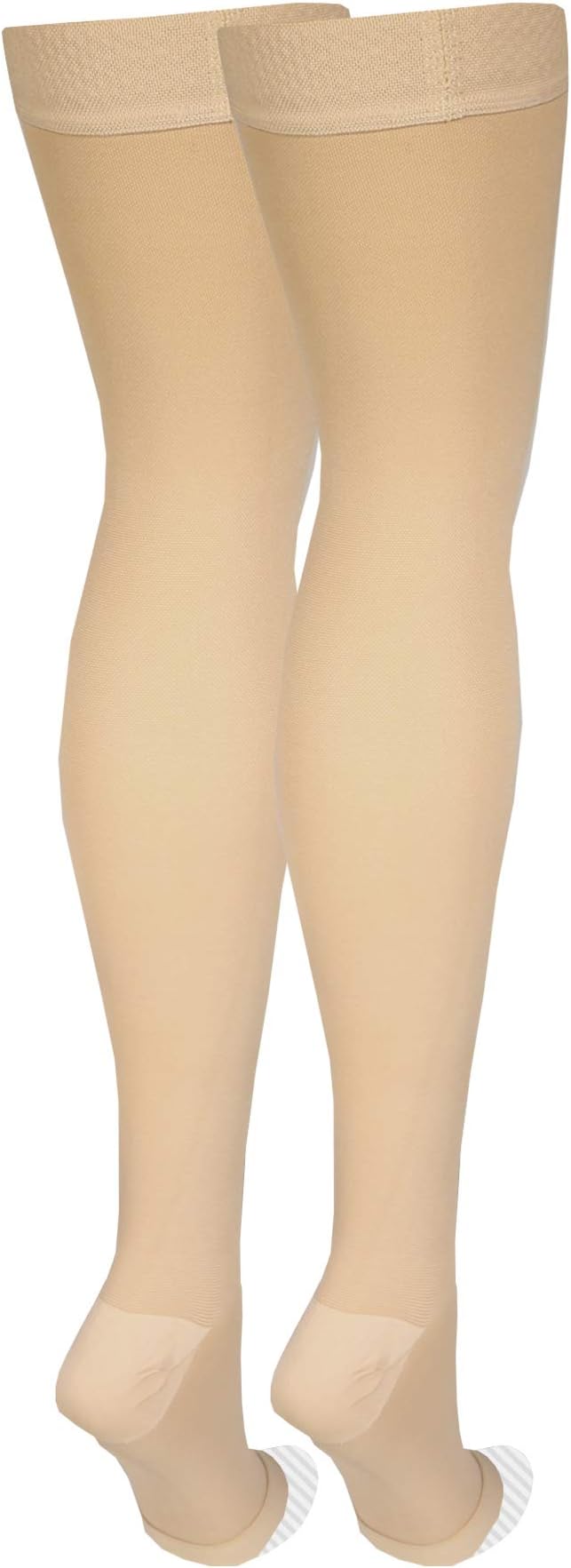 Amazon Basic Care Medical Compression Stockings, 20-30 mmHg Support, Women & Men Thigh Length Hose, Open Toe, Beige, Large (Previously NuVein)