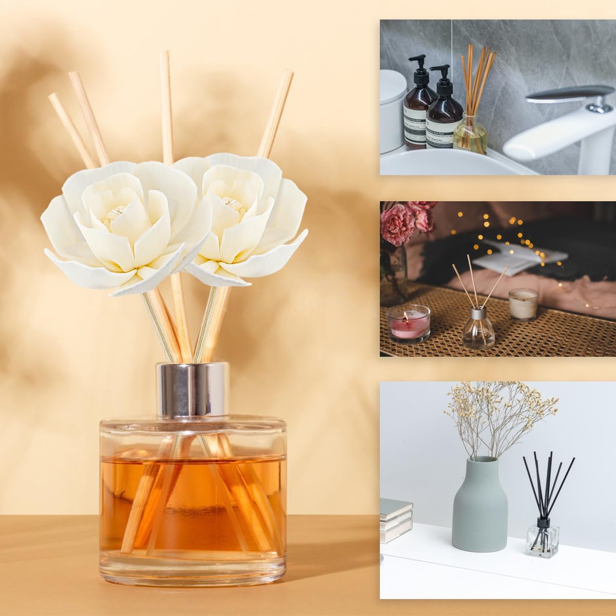 YOLUFER 5 Pcs Flower Scent Diffuser, Natural Flower Scent Oil Diffuser Sticks, Aromatherapys Reed Flowers for Home, Bathroom, Office (Camellia), White, KA027-YON-YB