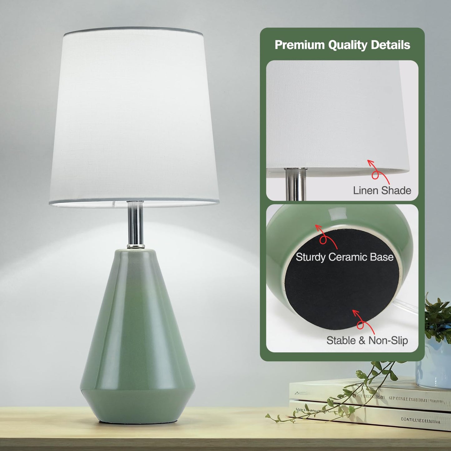 bdayanx Small Bedside Table Lamp for Bedroom - Reading Desk Lamp with 3 Color Temperatures，15.5" Nightstand Ceramic Lamp with Fabric Shade for Kids Room,Living Room,Dorm,Home Office (Green+White)