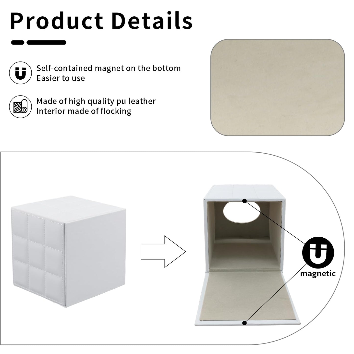XNONE Tissue Box Cover Square Tissue Box Holder PU Leather Facial Organizer with Magnetic Bottom,Decorative Napkin Caddy for Vanity Dresser Night Stand Table Countertop Home Office Car,White
