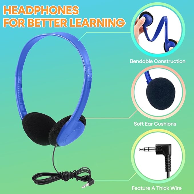 Kids Headphones Bulk 12 Pack for Classroom School Students, Wholesale Multi Color Wired Class Set Headphones for Children Toddler Boys Girls Teen and Adult (HY857,12 Mixed)