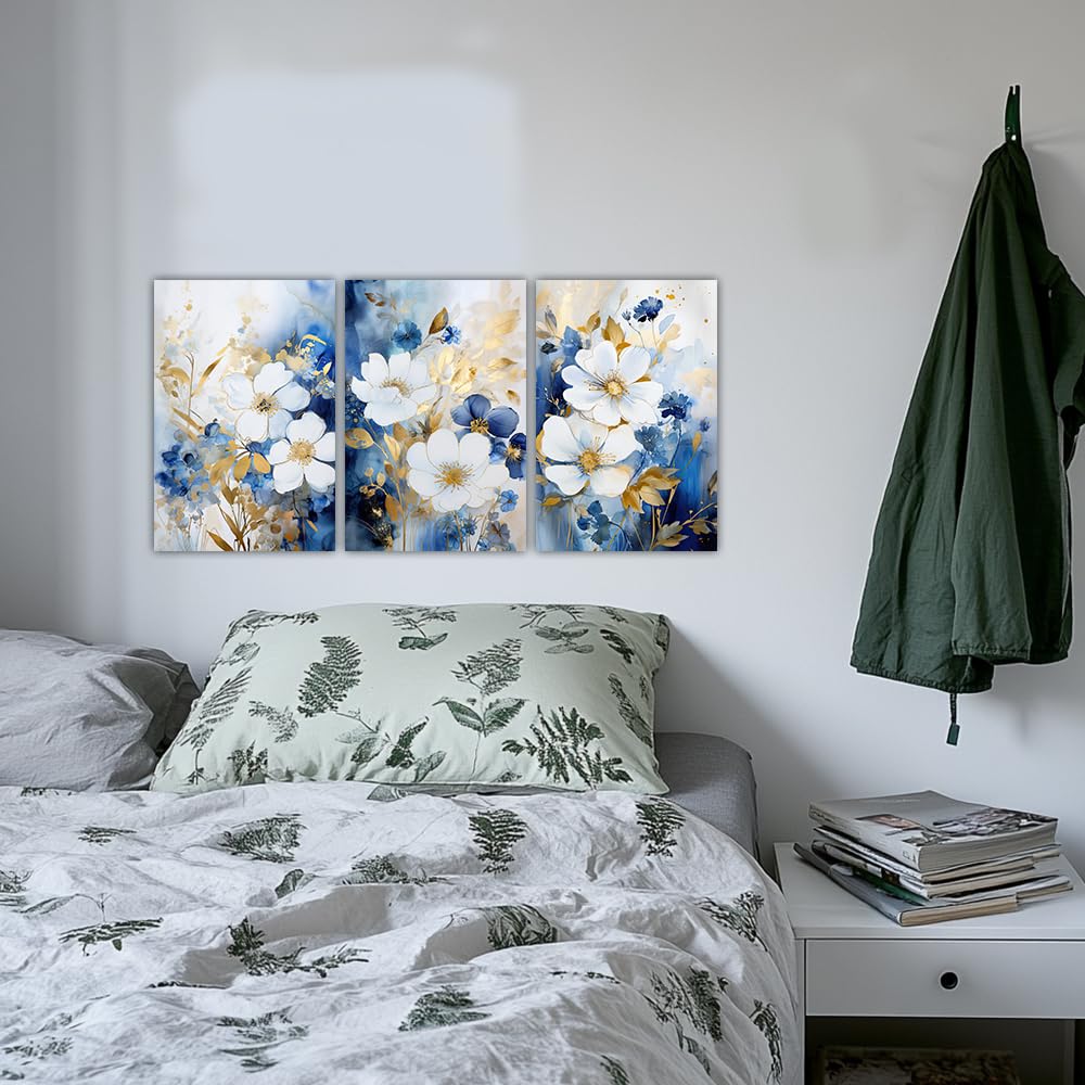 Abstract Flower Canvas Wall Art 3 Pieces Blue and Gold Floral Picture Wall Art Blooming Botanical Painting Prints Bedroom Decors(Flowers-5,12x16inchx3 Pieces (30x40cmx3 Pieces))