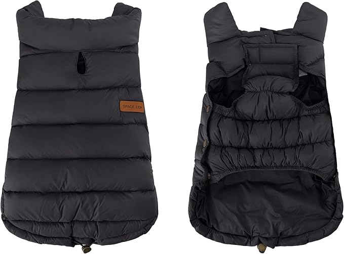 SPACE LION Dog Puffer Jacket, Down Winter Coat, Durable Outdoor Coat for Cold and Windy Conditions, Lightweight & Adjustable Fit Coats for Medium & Large Dogs,(Black, Size18/L+)