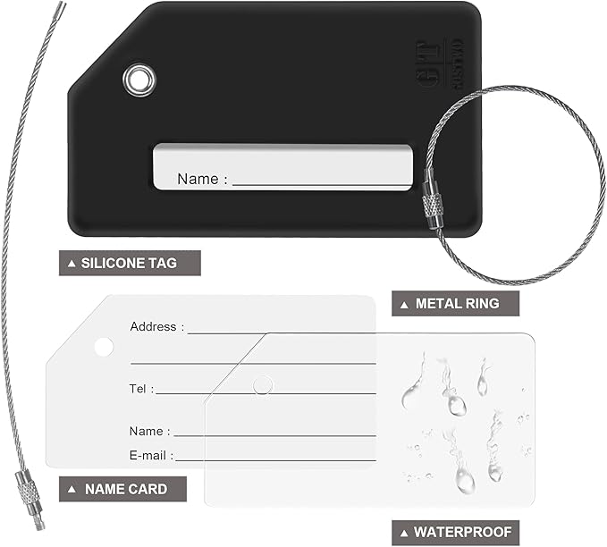 Gostwo 2 Pack Silicone Luggage Tags for Suitcases, 26 Initial Letter Baggage Labels Handbag School Bag Suitcase Instrument Tag with Stainless Steel Loop(Black)(Letter T)