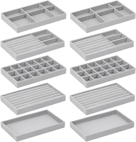 10 Pack Jewelry Organizer Tray Drawer Inserts Stackable Velvet Liner Dividers Customizable Jewellery Box Foam Ring Earring Holder Necklace Bracelet Storage Display Dish Flat in Dresser Vanity