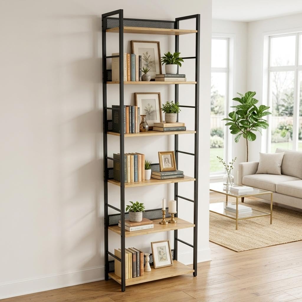 6 Tier Bookshelf，Tall Narrow Bookcase with Metal Guard Panels, Industrial Wood and Metal Display Shelf, Freestanding Storage Rack for Bedroom, Living Room, Home Office，Matte Black， Rustic Brown
