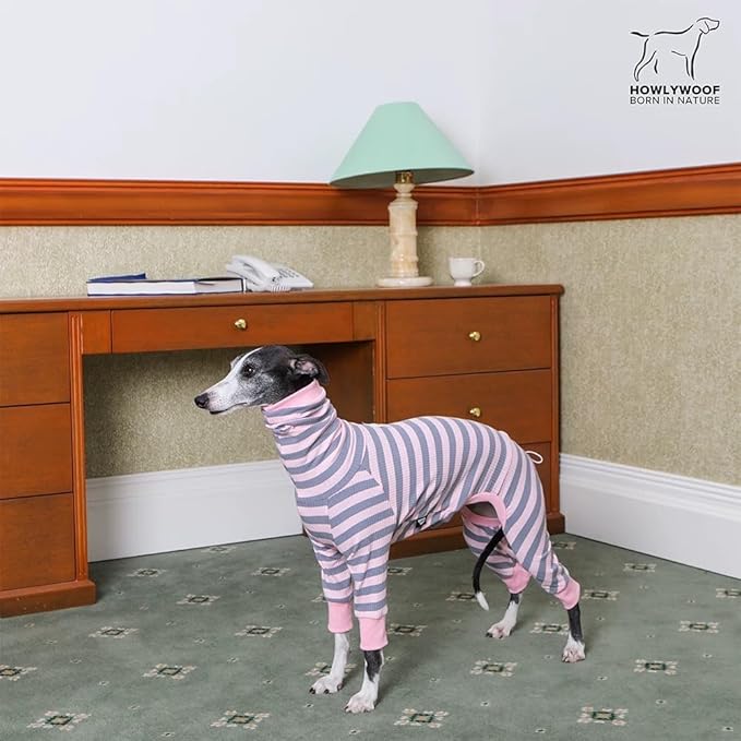 HowlyWoof Dachshund Dog Shirt, Thin Striped Base Layer Onesie for Wiener Dogs, Lightweight All-Season Wear, Soft & Comfy Fit for Doxie and Short-Leg Breeds (Pink&Grey, Size 2 (11-16 lbs))