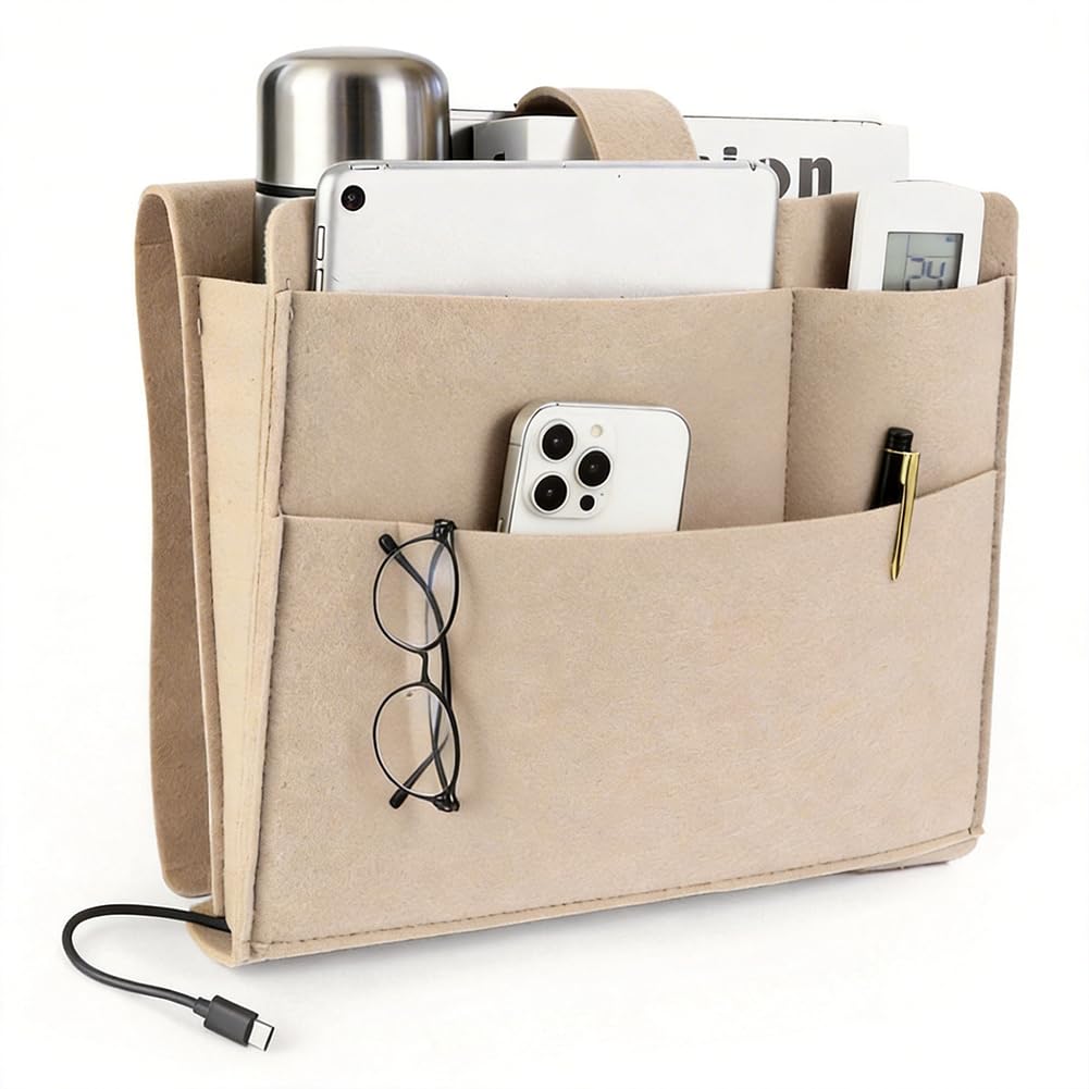 ORIMIDA Felt Bedside Caddy, Large Bed Storage Organizer Hanging Bag Holder with Cord Slit,Magazine Book Phone and Remote Caddy for Bed Home Dorm Sofa,Bedside Pouch