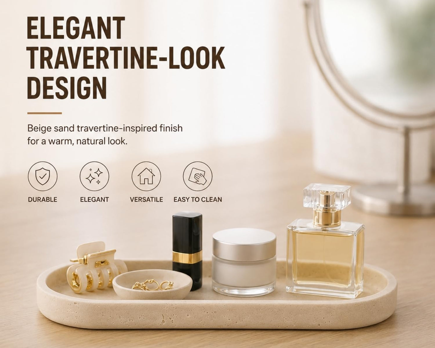 Clasin Home Vanity Tray for Bathroom Counter, Beige Travertine-Look Decorative Tray for Perfume Jewelry Candle, Non-Slip Decor Organizer for Kitchen Countertop, Dresser, Coffee Table (11 x 4.9 Inch)