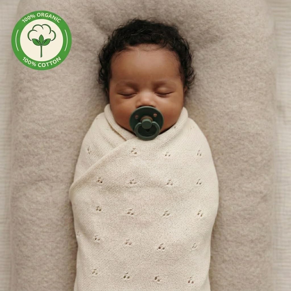 Huxie 100% Organic Cotton Knit Receiving Baby Boy Blanket for Newborns - Soft, Breathable Blanket for Crib & Stroller - Nursery Gift (Ivory)