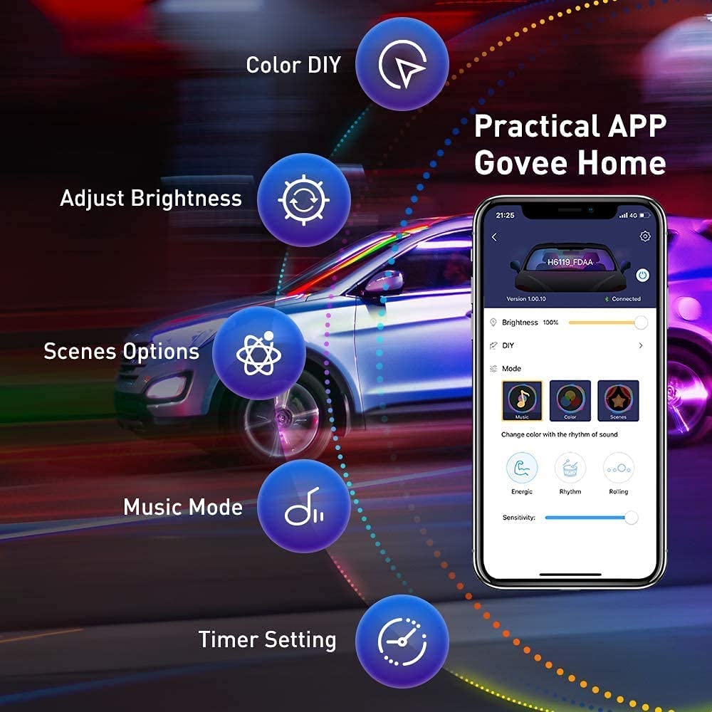 Govee Car Lights, Smart RGBIC Interior Car Lights with APP, Remote Control, LED Lights for Decor, DIY Mode and Multiple Scene Options, 2 Lines Design 72 LED Lights