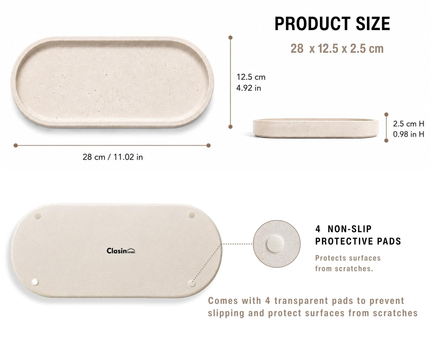 Clasin Home Vanity Tray for Bathroom Counter, Beige Travertine-Look Decorative Tray for Perfume Jewelry Candle, Non-Slip Decor Organizer for Kitchen Countertop, Dresser, Coffee Table (11 x 4.9 Inch)