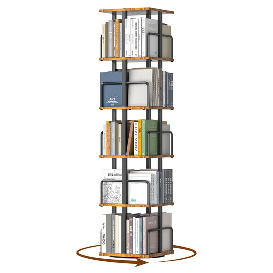 5-Tier Rotating Bookshelf, 360° Spinning Corner Bookcase with Metal Guardrails, Freestanding Industrial Book Shelf Tower, Space Saving Display Rack for Living Room, Bedroom, Home Office, Rustic Brown