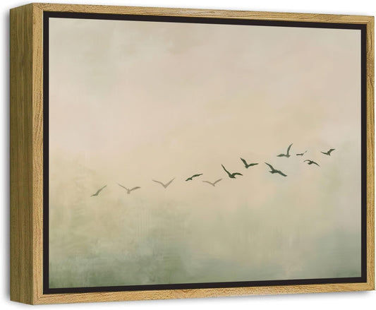 Framed Sage Green Japandi Flying Bird Canvas Wall Art Japanese Wabi Sabi Picture Wall Decor Abstract Nature Birds Poster Prints for Bedroom Living Room Home Decoration 16x24in