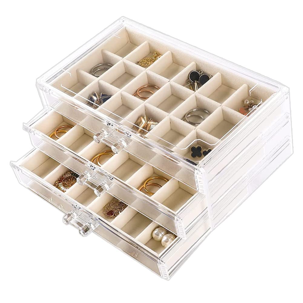 YUFONG Earring Organizer Box Acrylic Jewelry Organizer with 3 Drawers 54 Adjustable Grids Clear Stackable Earring Holder Velvet Trays Ring Display Case for Women Girls (Beige)