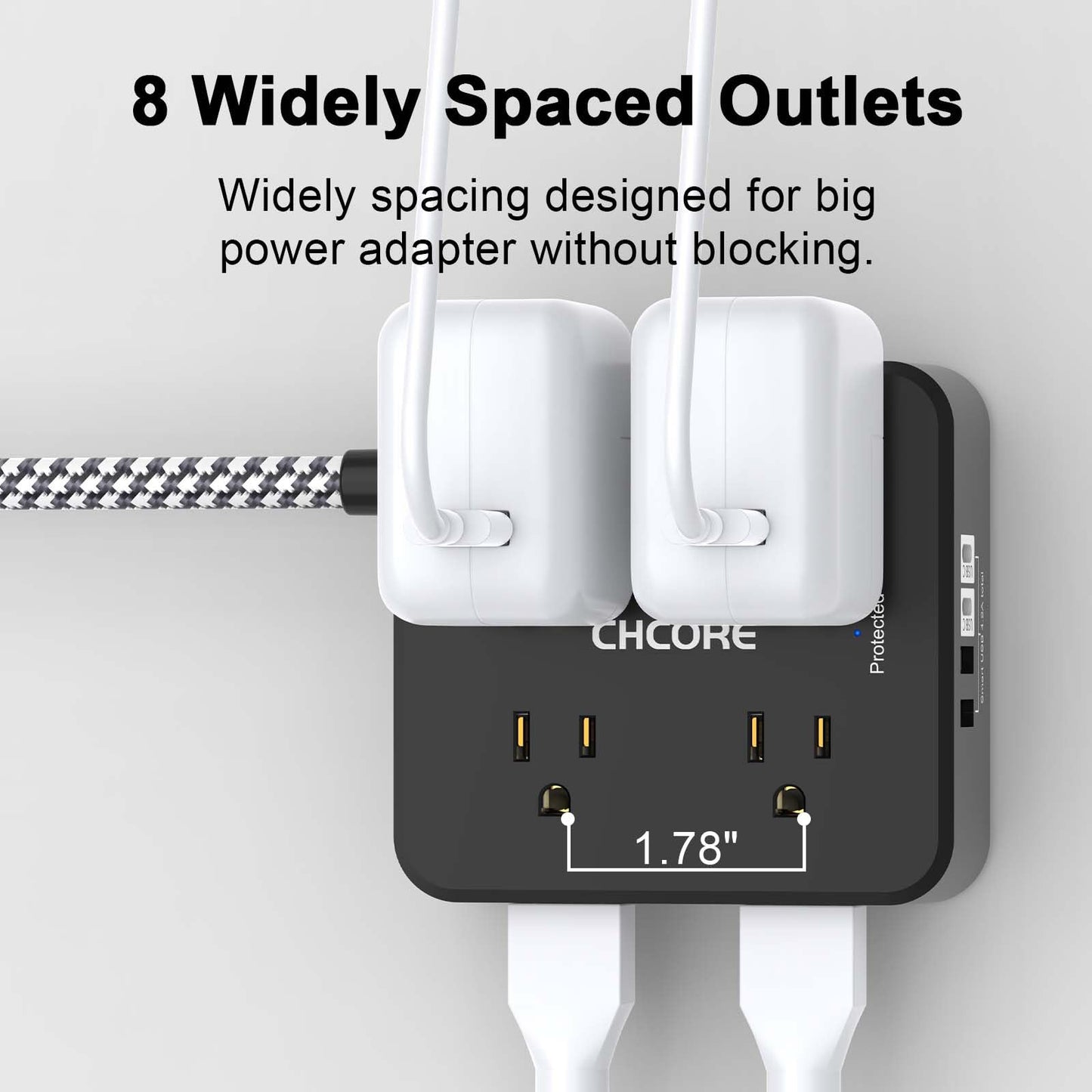 Surge Protector Power Strip - CHCORE 10Ft Braided Extension Cord with 8 Outlets with 4 USB (2 USB C) Charging Ports, Flat Plug Multi Plug Outlet Extender Charging Station for Home Office, ETL, Black