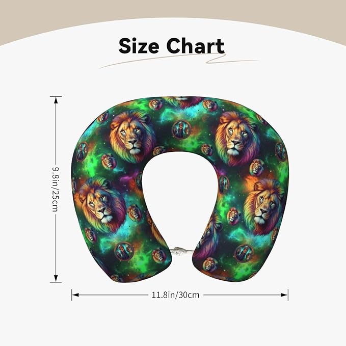 Neck Pillows for Travel Green Galaxy Lion, Women and Men Airplane Car Pillow, Neck Support U Shaped Pillow for Rest Pain Relief Sleeping
