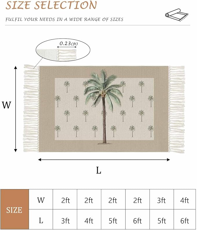 Tropical Palm Tree Large Runner Rug 4X6 Ft Living Room Area Rug, Washable Woven Brown Summer Beach Plant Throw Carpet with Tassel, Non-Shedding Farmhouse Retro Green Botanical Bedroom Office Carpets