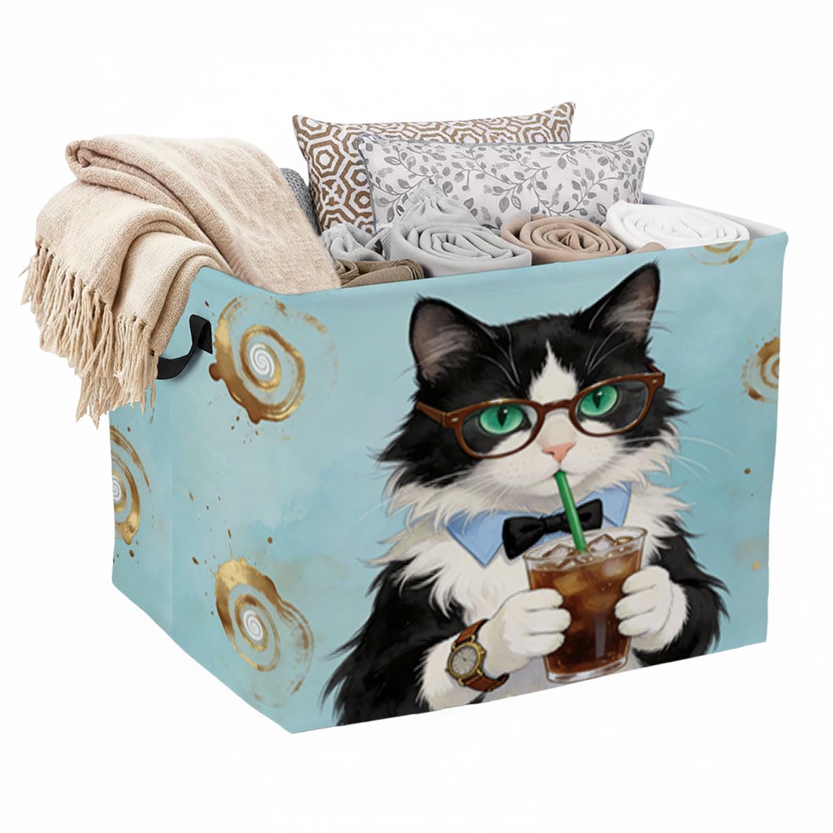 56L Cat Coffee Foldable Square Laundry Hamper with Handles – Large Clothes, Blanket & Toy Storage Basket for Home Organization.