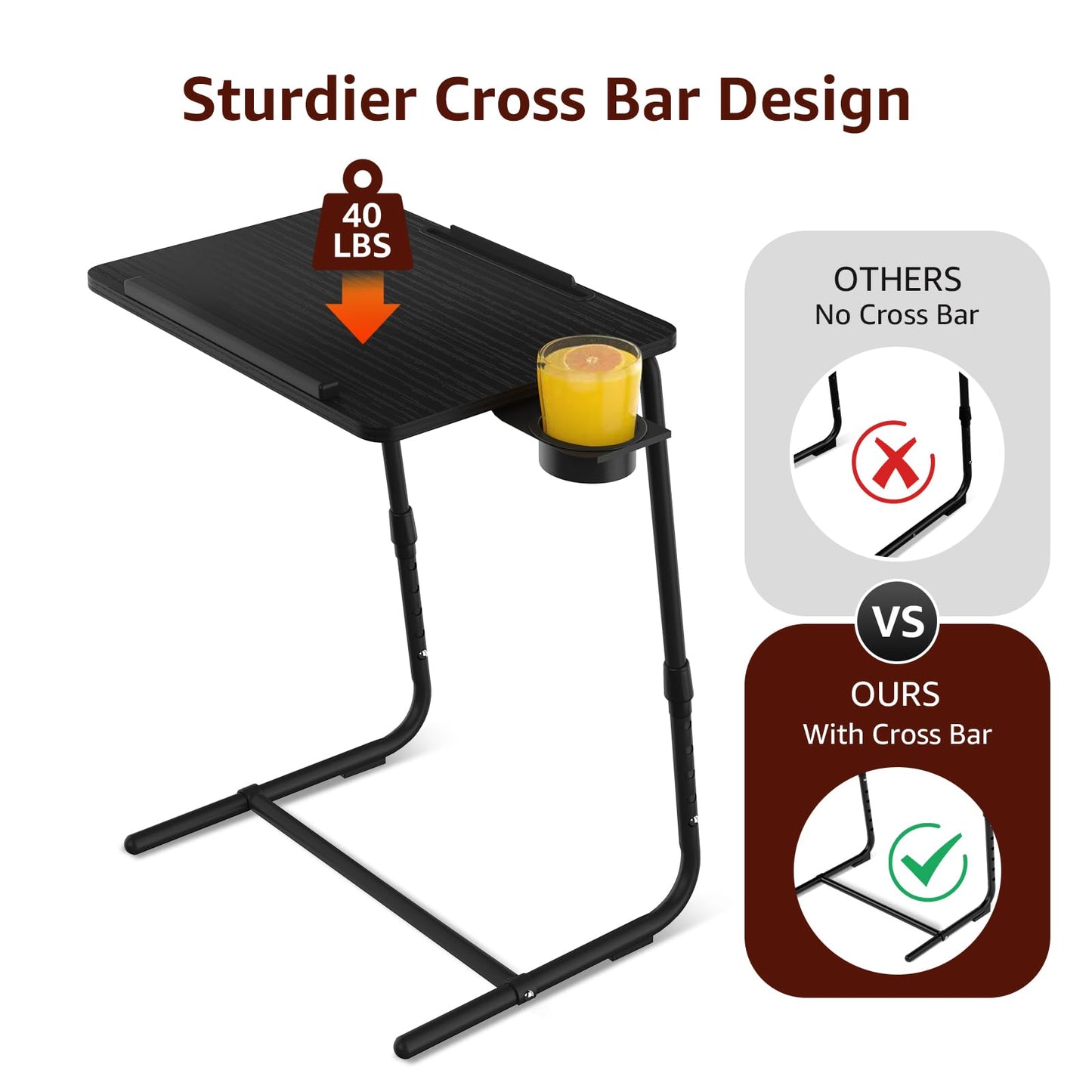 TV Trays Set of 2 - Folding TV Tray Adjustable Dinner Trays for Eating On Couch Wooden Tables Mate Stand Foldable Black Desk with Cup Holder Portable