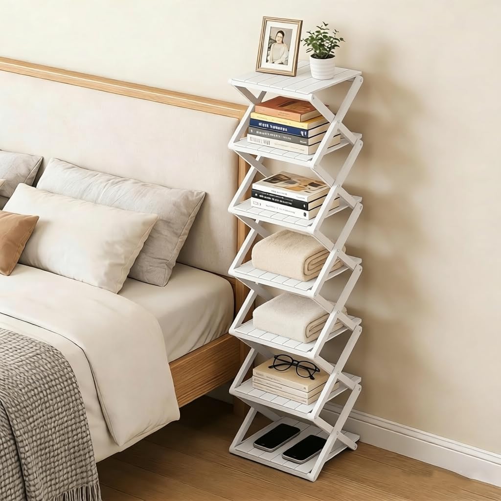 Bamboo Shoe Rack - No Assembly Required, Tall Narrow Foldable Shoe Organizer, Space-Saving Multifunctional Shelf for Entryways, Corners, Bedrooms, Balconies, 6 Layer White (Reinforced And Thickened )