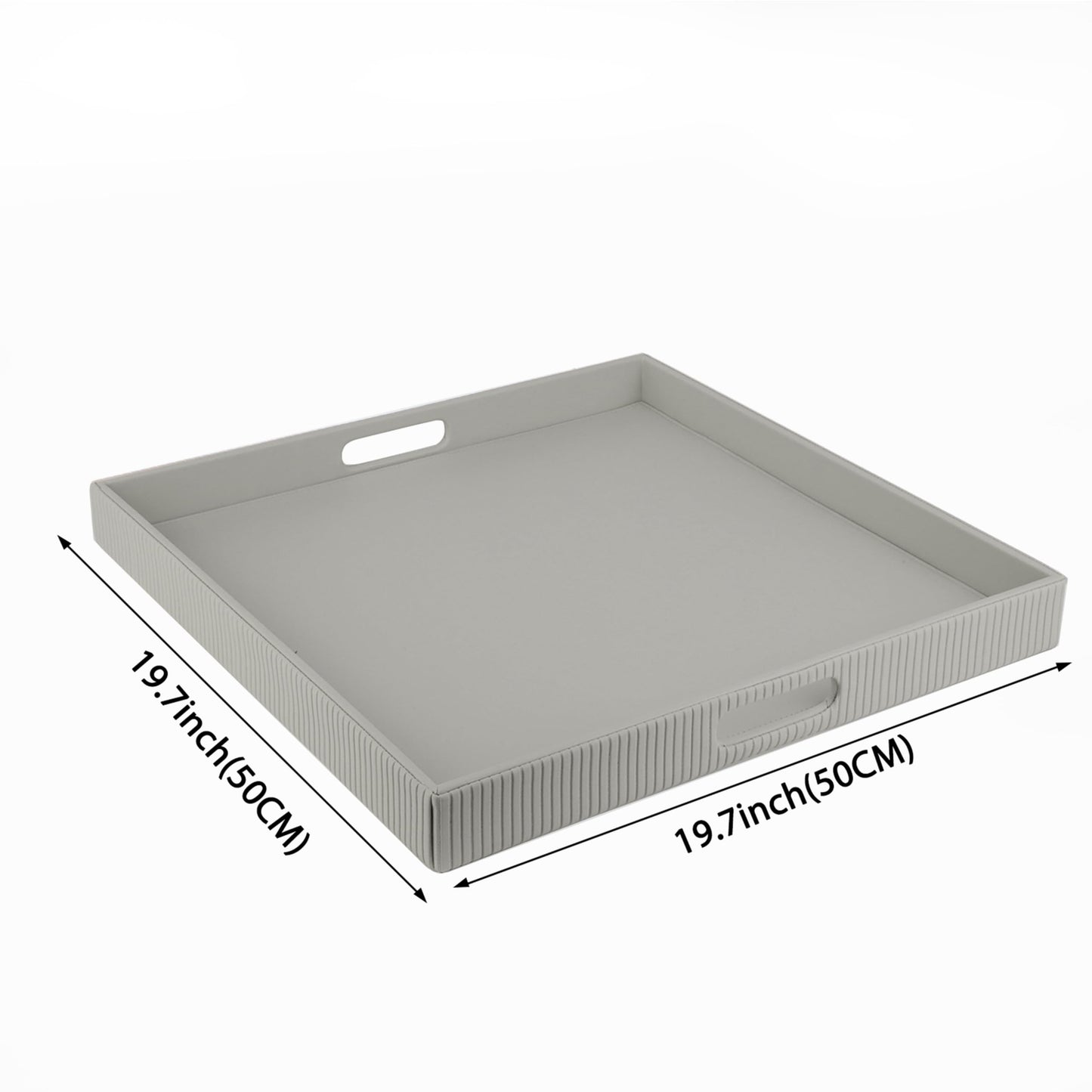 CHOCSTAY 20"×20'' Square Faux Leather Serving Tray, Modern Ribbed Texture Decorative Tray with Hole Handles for Breakfast and Coffee Table Ottoman Kitchen Bathroom (Rock Gray)