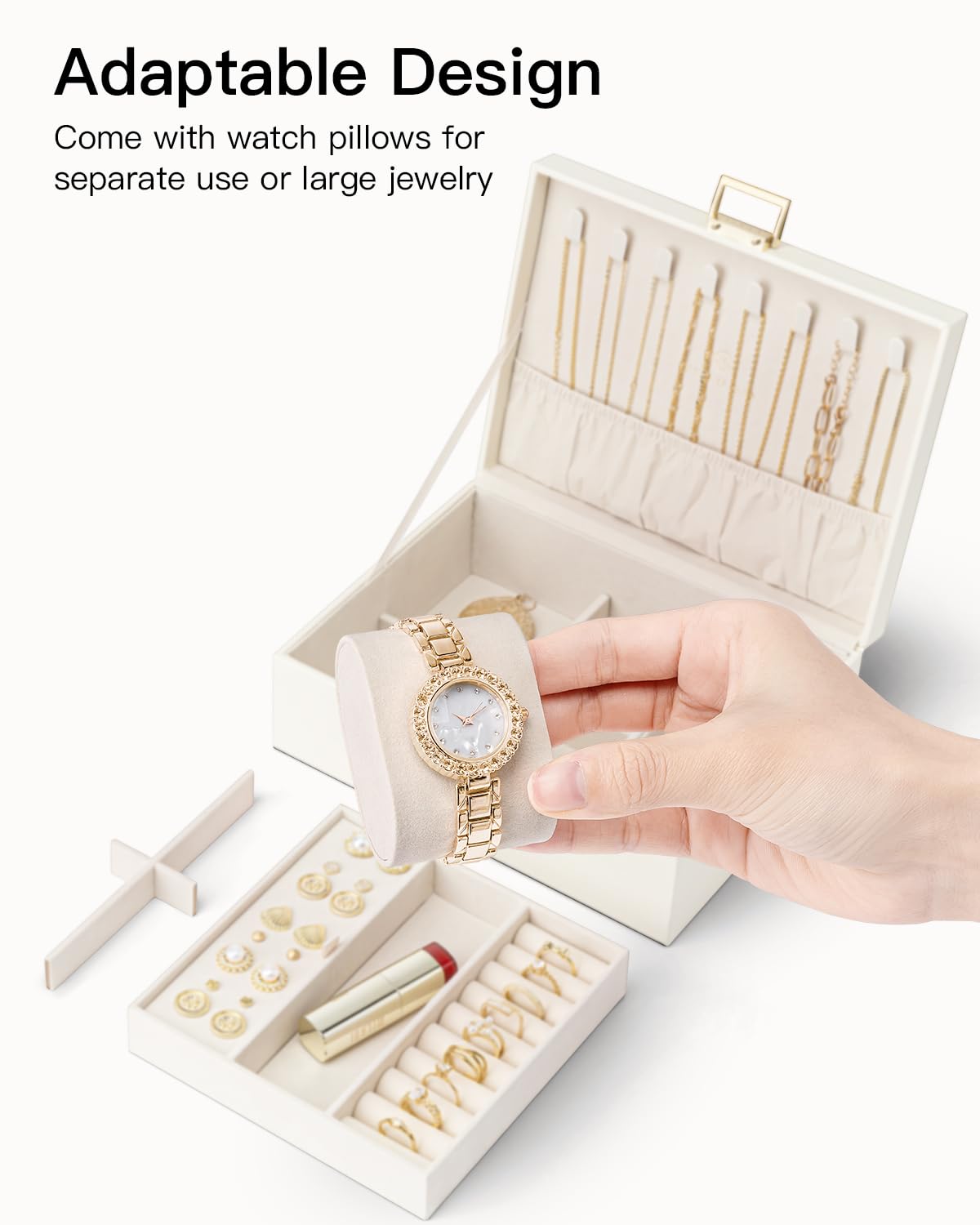 VLANDO Jewelry Organizer,2 Layer Jewelry Box Large Jewelry Organizer for Mothers Day Mom Gifts Women Removable Jewelery Tray with Watch Pillow for Necklace Earrings Rings Bracelets(Cream White)